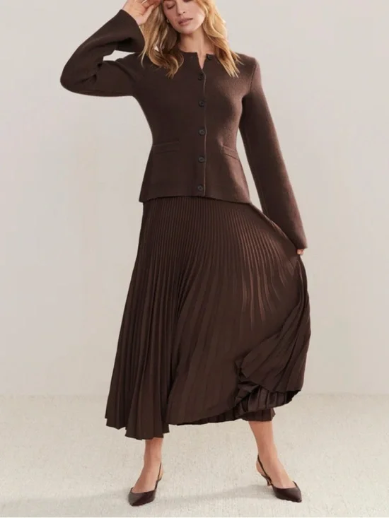 NWOT Jenni Kayne Pleated Midi Skirt Chocolate Brown Minimalist Elastic Waist M - Picture 2 of 5